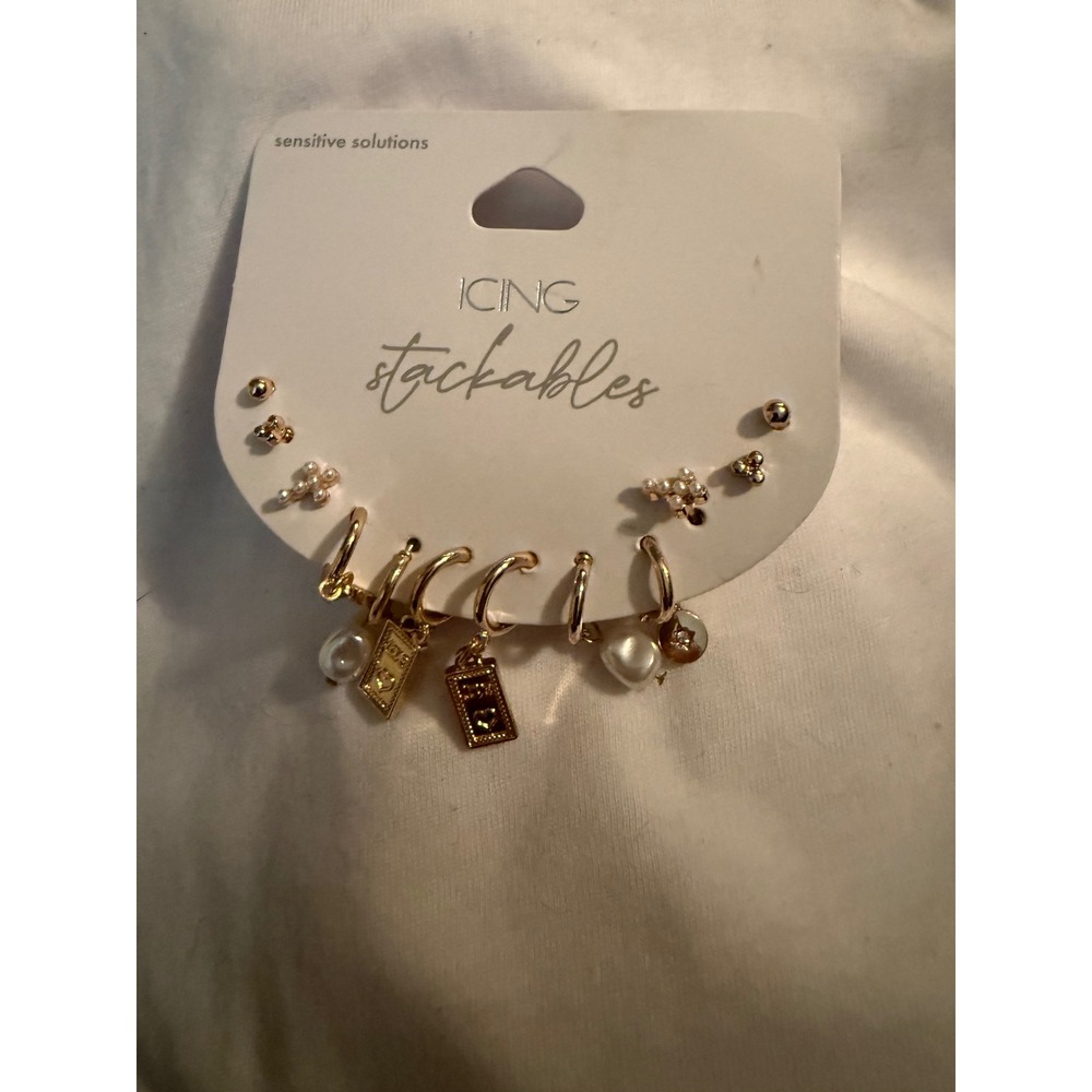 Icing Stackables‎ Earring Set Gold Tone Hoops Studs Faux Pearl 14134-1 New